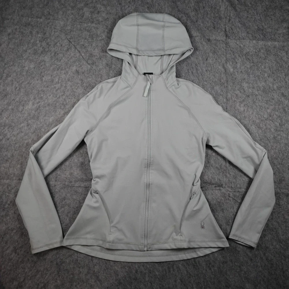 Spyder Jacket Womens‎ Medium Grey Full Zip Hooded Thumbholes Cinched Waist